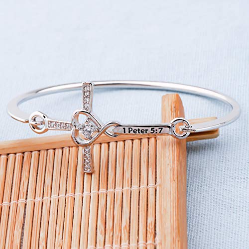 Bekech Christian Cross Charm Bracelet Bible Verse 1 Peter 5:7 Inspirational Scripture Sideway Cross Bangle Religious Jewelry Faith Gift For Women Girls (Silver) #TOP2