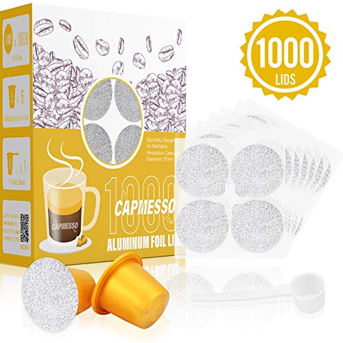CAPMESSO Espresso Foils and Refillable Capsules-Seal Lids to Reusable Capsules Coffee Pod Compatible with Nespresso Original Line Machines (1000pcs Lids+6 pcs Pods)