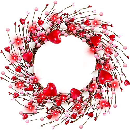 [Prelit & Timer] Valentinstagskranz für Haustürdekoration, 20 rote Lichter, 40.6 cm, Beerenherzkranz, rustikaler Zweig, batteriebetrieben, Valentinstag, Dekoration, Zuhause, Wand, Hochzeit Cover