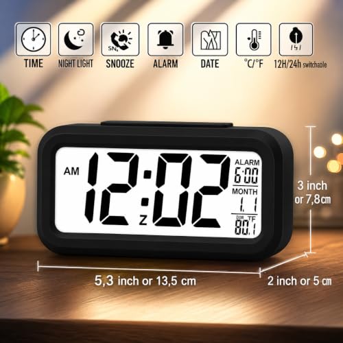Image of Digital Alarm Clock with Automatic Sensor LED Display Table Clock Date Time & Temperature Display Smart Desk Clock for Students, Bedroom Home & Office Black | Date Display, Time Display, Temperature Display, For Students, Bedroom, Home & Office