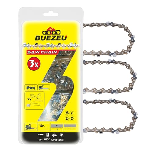 Buezeu 3 pack 16 Inch Chainsaw Chain 3/8" LP Pitch, 0.043" Gauge, 56 Drive Links Fits for Craftsman, Poulan, Echo, Greenworks Chainsaw and More (3)