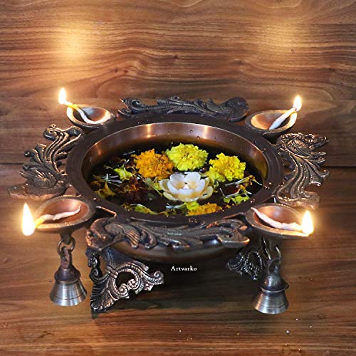 ARTVARKO Brass Peacock Peacock Design Urli with Diyas and Bells Copper Gold Finish12.5 Inches