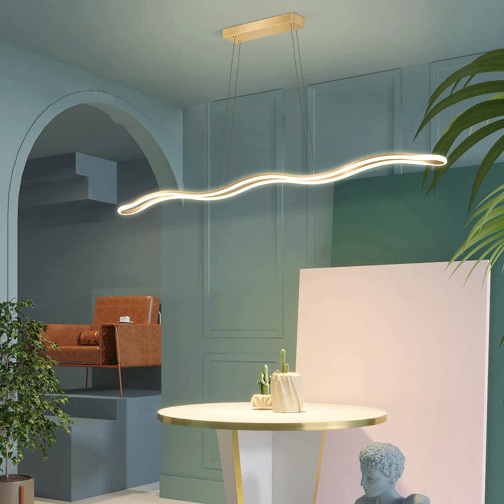 Liniowa metalowa długa lampa wisząca, wiszące światła złotej fali, nowoczesne lampy wiszące LED 52 W, dekoracyjna lampa nastrojowa do jadalni, proste żyrandole z wyspą kuchenną