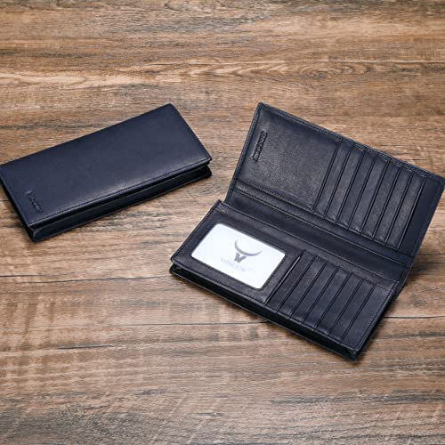 Image of HISCOW Full Grain Leather Men's Long Wallet, 15 Card Slots, Aniline Blue | Gusseted bill compartment, tall bifold design, clear ID window, ideal for coat pockets or briefcases, turned-edge, gift box