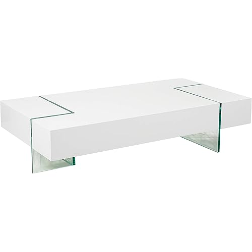 Neos Modern Furniture CT2853WH Modern Rectangular Tempered Glass Living Room Coffee Table, 53", White
