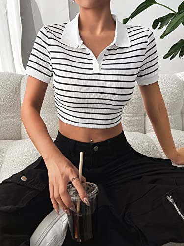 Image of Aahwan White Striped Slim Fit Crop Polo Collar Short Sleeve T-Shirt for Women's & Girl's