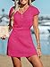 CUPSHE Women's Crochet Cover Up Swimwear Mini Dress Short Sleeve V Neck Beachwear Fuchsia,XS