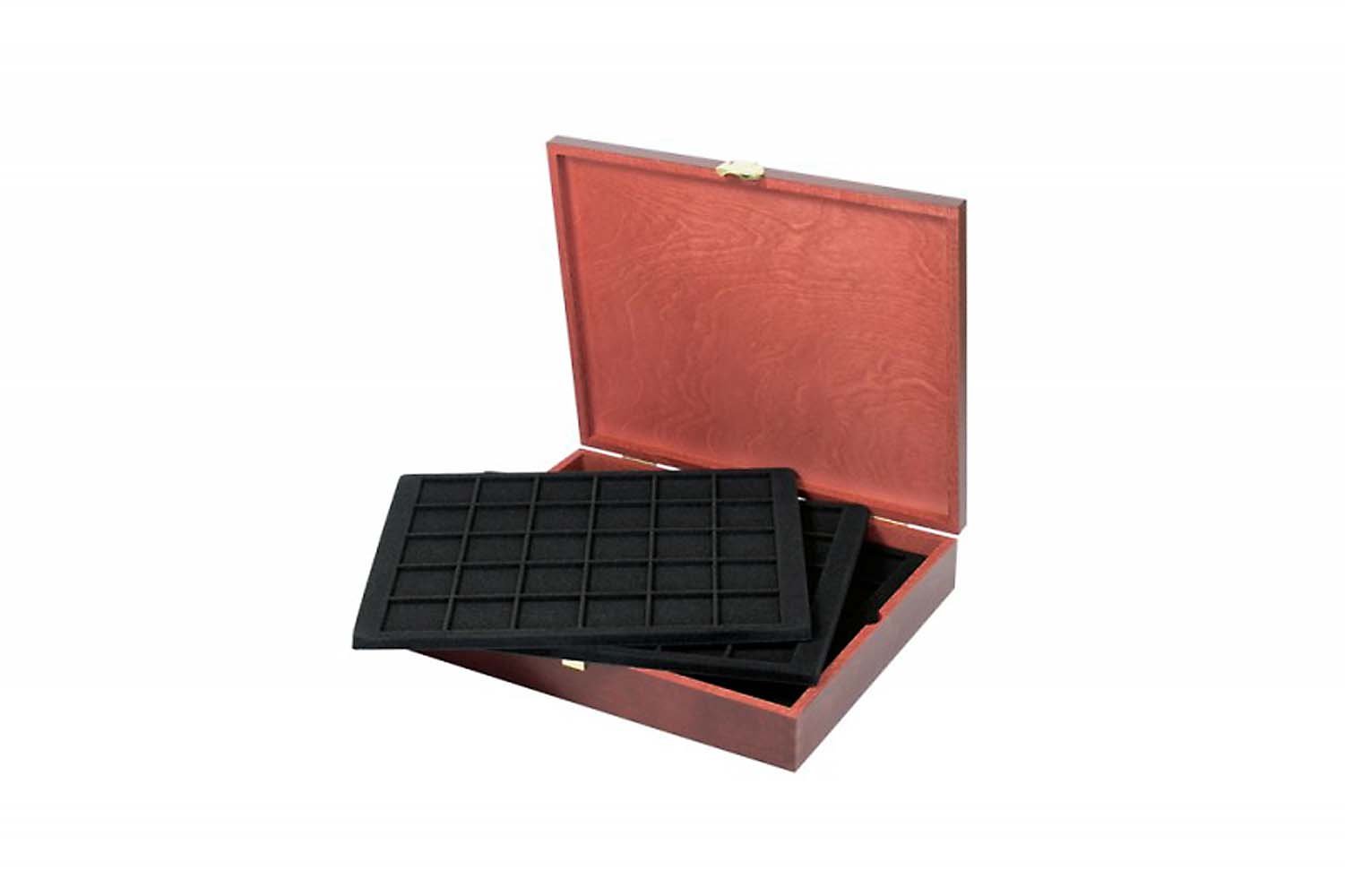 Caja de monedas de madera con 5 bandejas negras de monedas [Lindner S2495], Formato: 305 x 245 x 55 mm - Plantilla velours: S2115CE (Para 150 monedas / cápsulas de monedas hasta 38 mm Ø)