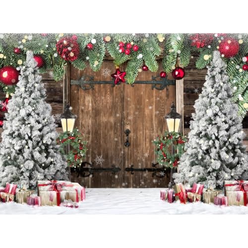 Christmas Backdrop Snow Scene barn Door Background Pine Garland Christmas Trees Gifts Lanterns Red Gold Ornament Winter Photography Backdrop Xmas Party Banner Home Wall Decoration 7X5ft 114
