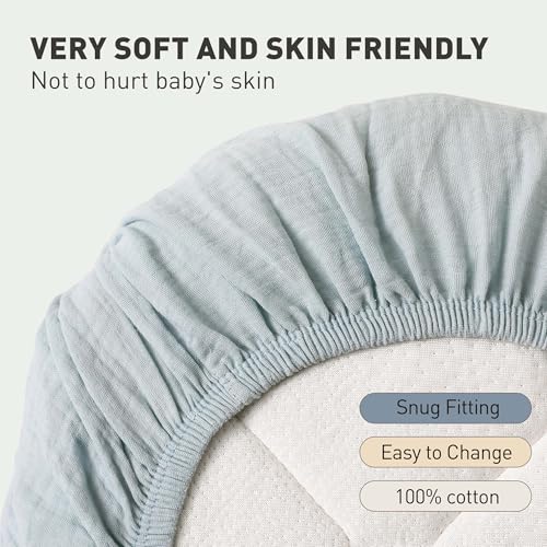 Image of Muslin Bassinet Fitted Sheets 2 Pack, Soft Breathable Cotton Baby Bassinet Mattress Sheet Set, 360 Elastic Snug Fit, Universal for Oval, Rectangle (Bright Colors, Bassinet Sheets 2 Pack)