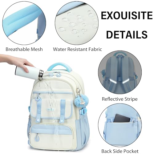 School Backpack for Girls, Laptop Backpack 15.6 Inch Kids Elementary Middle High School Bag Anti Theft Cute College Bookbags for Teens Girls Women Students Casual Travel Daypack,Blue Beige4