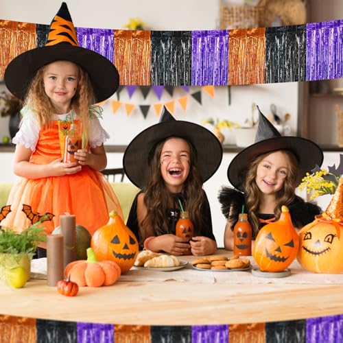 Image of Halloween Decorations - 5 Pack 10 Feet Orange Black Purple Foil Fringe Garland Tinsel Parade Float Fringe Hanging Backdrop Banner Table Skirts