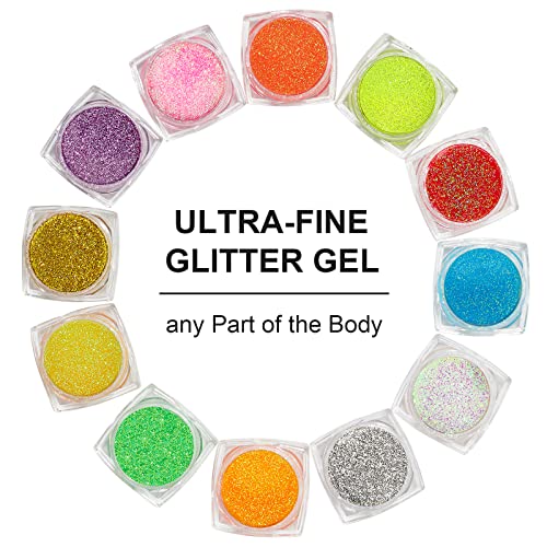 12 Colors Body Glitter Gel Kit, Super Long Lasting Holographic Chunky Glitter Gel Festival Party Makeup For Face, Body, Hair, Nail Art, Eyeshadow, 3Pcs Sponge Makeup Brush Include (Set B) #TOP1