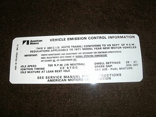 1971 AMC Javelin AMX 360 V8 Emissions Decal Automatic
