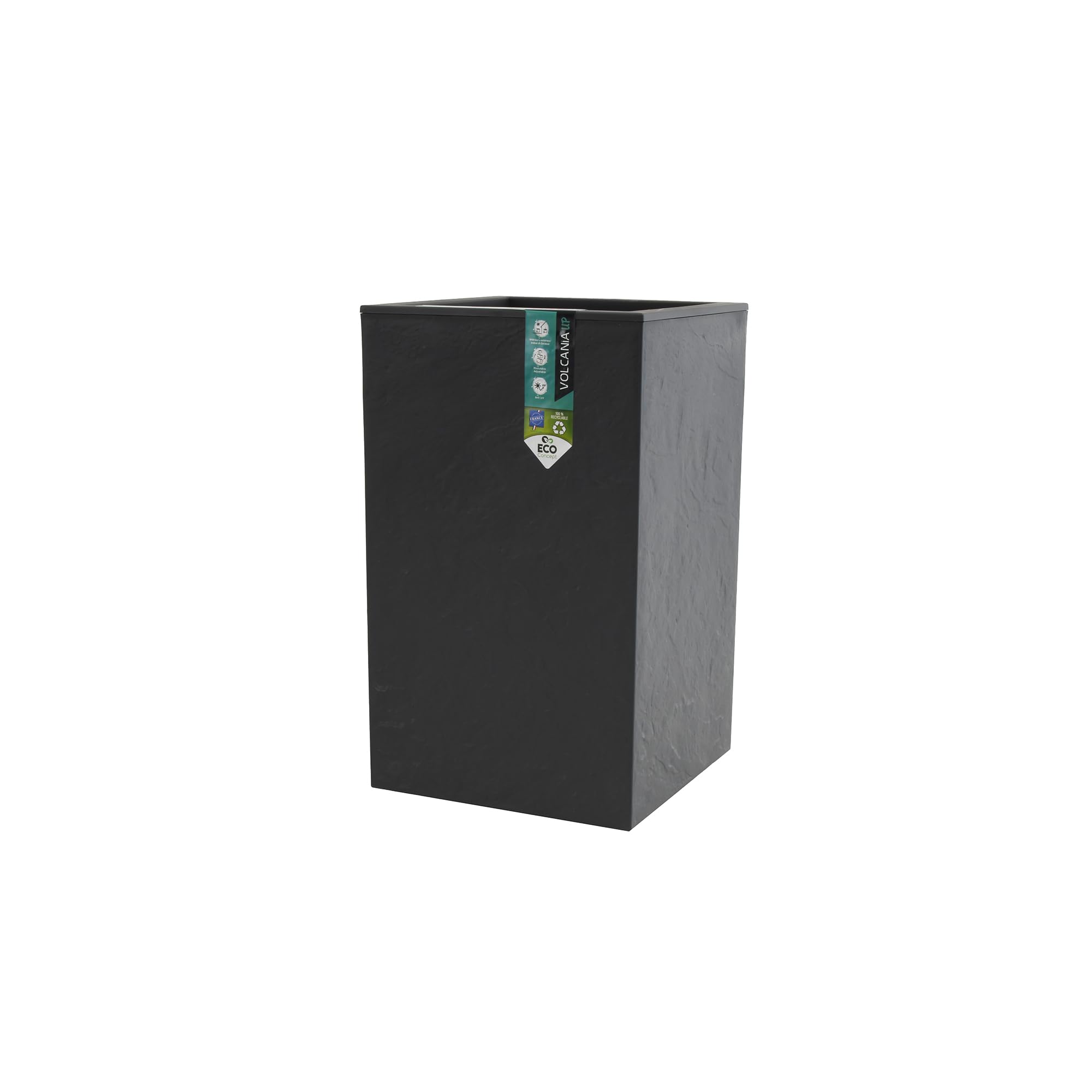 EDA - Pot Carré Haut Volcania'Up 36 L - Décor Imitation Pierre - Simple Paroi avec Colerette Trompe-​l'oeil - Zone de Rétention d'eau pour Limiter l'Arrosage - 29,​5 x 29,​5 x 49,​5 cm - Gris Anthracite