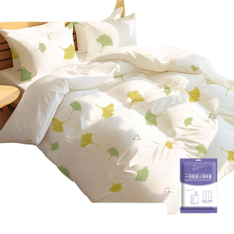 HUANYO 4pcs Disposable Bedding Set with Prints - Premium Travel Bed Linens Includes 1 Bedsheet, 1 Duvet Cover, 2 Pillowcases | Large Size, Ready to Use, Breathable for Hotel, Camping, Hospital, Trips