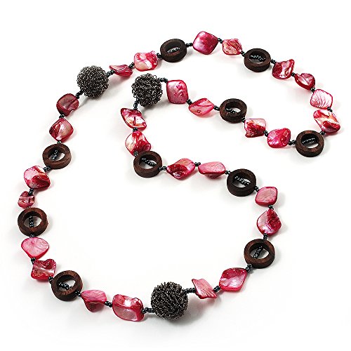 Collier long métal anti-ternissement anneau bois coquillage magenta 84 cm