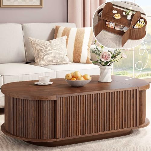 HSH Oval Coffee Table with Storage, 47” Modern Coffee Table with Press Type Door, Fluted Living Room Tables with 2 Flip-Top Hidden Lids, Wood Center Table for Living Room, Office,Walnut