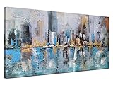 Acocifi Wall Art Abstract Skyline Canvas New York Skyline Seascape Painting Sailboats Picture Textured Teal and Gold Artwork Framed for Living Room Bedroom Bathroom Office Home Decor 40