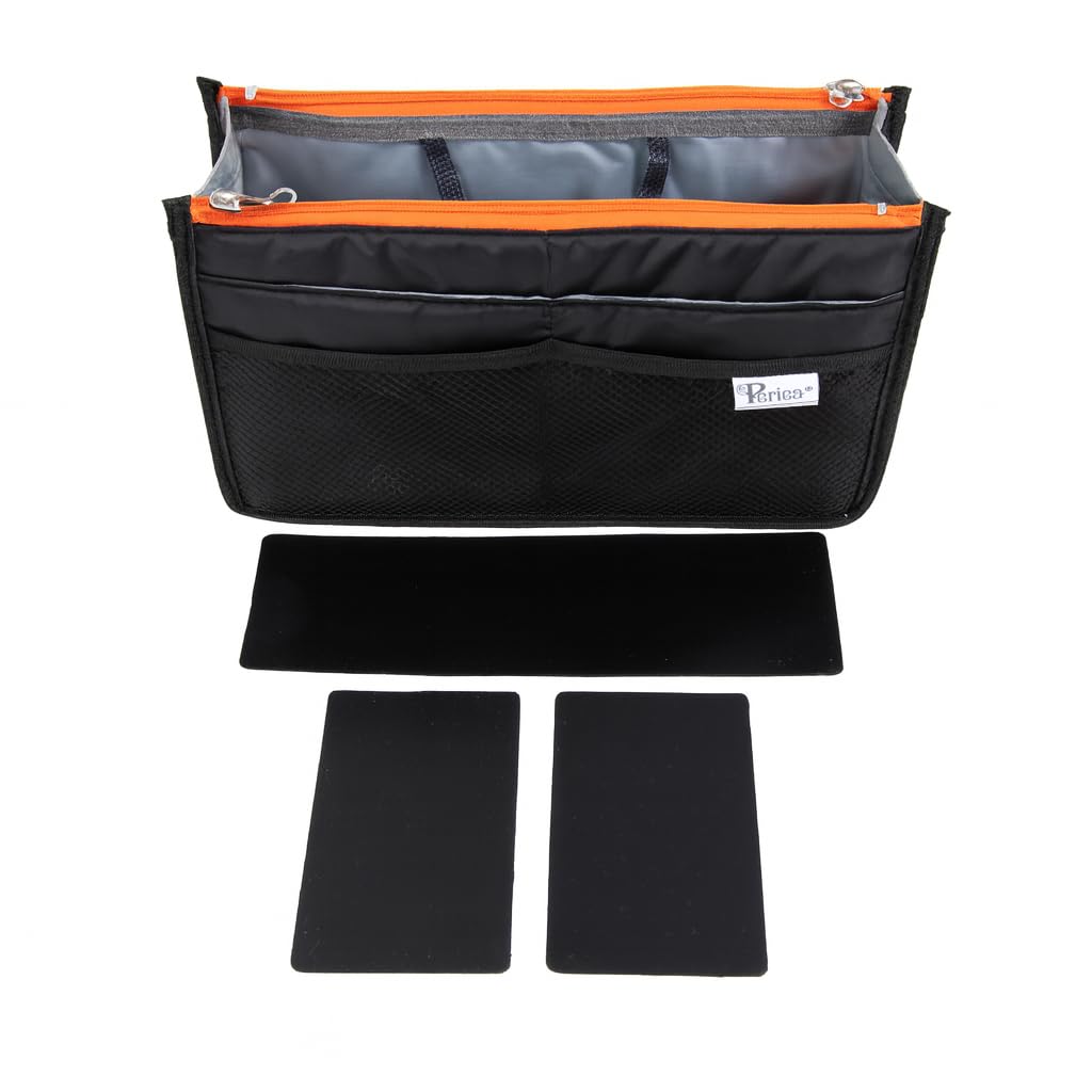 Periea Black With Neon Orange Zip 'Chelsy' Premium Handbag Organiser Insert: Structured Travel Pouch For Tote Bag, Purse Insert For Efficient Bag Organisation - Small,