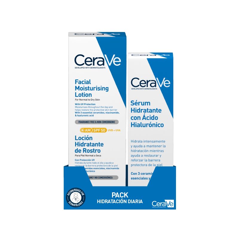 CeraVe Loción Hidratante SPF50 y Serum con Ácido Hialurónico pack cuidado facial diario
