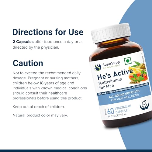 Image of SupaSupp He's Active - Multivitamin For Men | All Round Nutrition For Your Wellbeing | Health Supplement | 60 Veg Cap, 500 mg