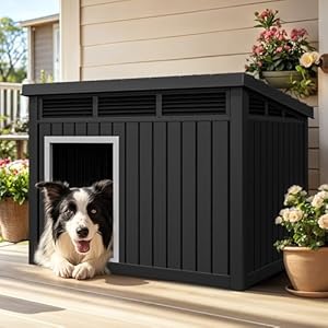 YITAHOME Plastic Dog House, Indoor & Outdoor Dog Kennel with Lift-Up Sloping Roof, Waterproof & Ventilated for Small to Medium Dogs, Easy to Clean Design, Black