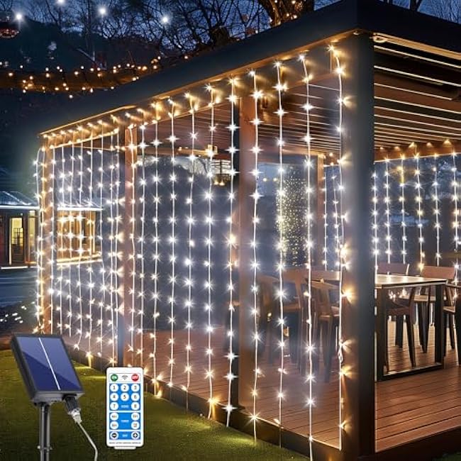 Upgraded Solar Curtain Lights 20*10Ft 600LED Waterfall Light with Waterproof 8 Modes Remote USB Rechargeable Dimmable Timer Twinkle Fairy String Lights for Christmas Gazebo Party Wedding Patio Pergola