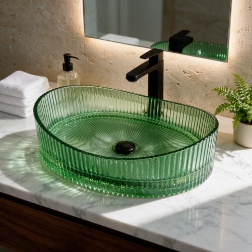 Image of Backline Glass Basin | Table Top Wash Basin | Glass Countertop Bathroom Sink with Ribbed Design | 50 x 37 x 14 cm (5 Years Warranty)