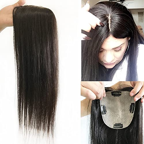 QDHJHH Long Silk Base Human Hair Topper Clip in 5x5 Virgin Straight Hair Topper Hairpieces 100% Real Human Hair Topper 12x13cm (18inch, Natural color)