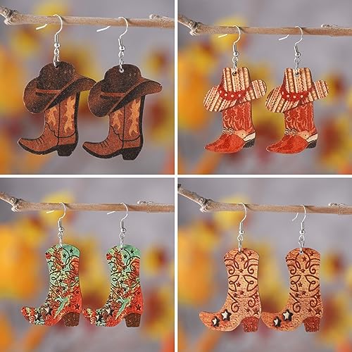 Western Country Cool Cowgirl Cowboy Boot Hat Double-sided Print Lightweight Wooden Drop Dangle Earrings Y2K Boho Vintage Party Cute Jewelry for Women4