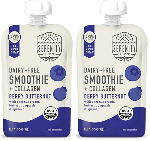 Image of Serenity Kids 6+ Months Dairy-Free Smoothie Baby Food | USDA Organic | Grass Fed Collagen Protein | 3.5 Ounce BPA-Free Pouch | Berry Butternut | 6 Count (Pack of 2)