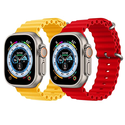 Lobnhot [2 Pack Silikon Ocean Armband Kompatibel mit Apple Watch Ultra 49mm 45mm 44mm,Soft Sport Armband für iwatch Serie Ultra 8 7 6 5 4 SE,Gelb Rot Cover
