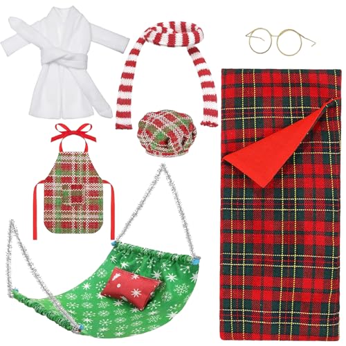 8pcs Accesorios Elfo Navidad,Incluye Saco de Dormir, Hamaca, Vasos, Albornoz, Delantal, Bufanda, Almohada, Gorro de Chef,Accesorios de Duendes Navideños