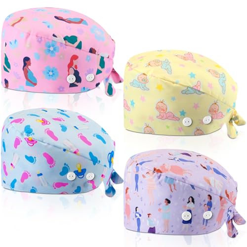 Image of Unittype 4 Pcs Nurse Caps for Women Nursing Working Caps with Button and Sweatband Adjustable Elastic Scrub Hats for Dentist