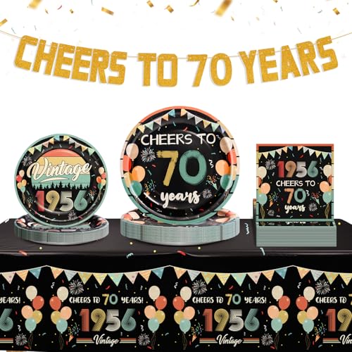 77PCS Vintage 70th Birthday Party Tableware Set Back in 1956 Party Supplies with Cheers to 70 Years Plates Napkins Banner & Tablecloth for Men Women 2026 New 70th Birthday Party Decor for 25 Guests