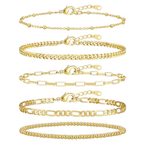 Image of adoyi Gold Bracelets for Women, 14K Gold Plated Stackable Bracelet Stack Set Adjustable Charm Paperclip Chain Cuban Link Layered Waterproof Jewelry Sets Gifts for Womens 6.5 Inch