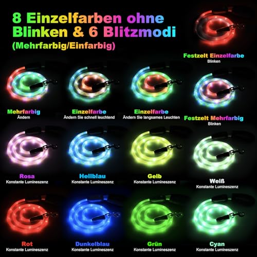 YFbrite wasserdichte Hundeleine mit Beleuchtung und 15 Blinkmodi – Superhelle LED-Hundeleine für kleine, mittelgroße und große Hunde – Wiederaufladbare Hundeleinen Typ C mit Licht (6ft(180cm))