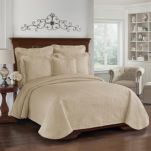 King Charles Modern Farmhouse Floral Matelasse Coverlet, 100% Cotton Breathable Bedding, Full/Queen, Birch