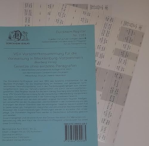DürckheimRegister VSV MECKLENBURG-VORPOMMERN, BOORBERG Verlag: 120 Registeretiketten (sog. Griffregister) für die VSV• Mit den wichtigsten Gesetzen • In jedem Fall auf der richtigen Seite!