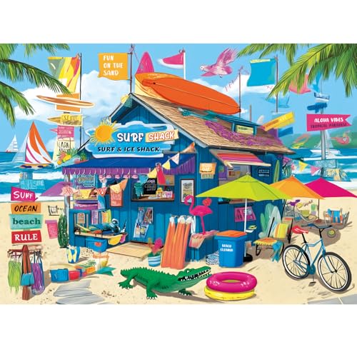 Rompecabezas de 500 piezas para adultos: Cabaña de surf, verano playero, paisaje marino con tabla de surf y letras en el reverso, ajuste perfecto sin polvo, póster 1:1, juego familiar divertido, decoración para el hogar y regalo miniatura 1