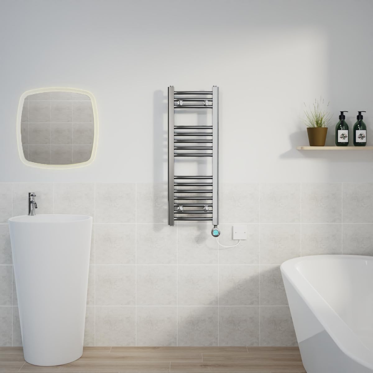 Warmehaus Chrome Electric Heated Towel Rail Curved Thermostatic Bathroom Towel Radiator With Timer - 800X300mm
