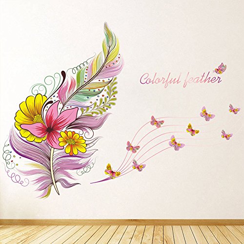 Home Find Colorful Feathers Wall Decals Vines And Flowers Stickers Butterfly Decor Peel And Stick Removable Murals For Bedroom Living Room Sofa Background 30.7 Inches X 22.8 Inches #TOP1