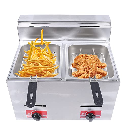 Commercial Gas Deep Fryer,Stainless Steel Countertop Low Pressure Deep Double Pot Frying Machine,w/Frying Baskets and Lids,Restaurant Kitchen Equipment for French Fries Donuts,6L*2 (B)