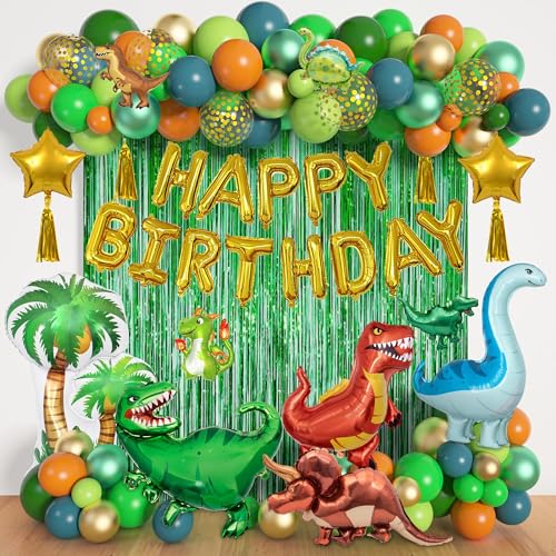 BlueCloudy Dinosaur Party Balloons Supplies 125Pcs Happy Birthday Decoration Foil Balloon Curtain Jungle Green Orange Blue Set Garland Arch Safari