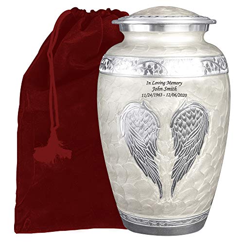 White Angel Wings Funeral Cremation Urn with Velvet Bag (Pearl White, Extra Large)