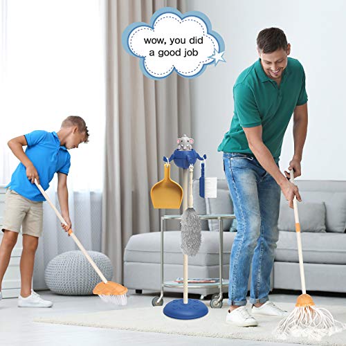 AOKESI Kids Cleaning Set Housekeeping Toy - 8 PCS Elephant Kid Size Cleaning Supplies Mop Broom and Dustpan Set Pretend Play Cleaning Kit for Toddler Kid (Blue)