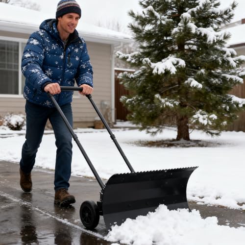 Pelle à neige robuste avec roues, pelle à neige à double usage pour allée, lame réglable à angle et poignée, déneigement efficace pour allée