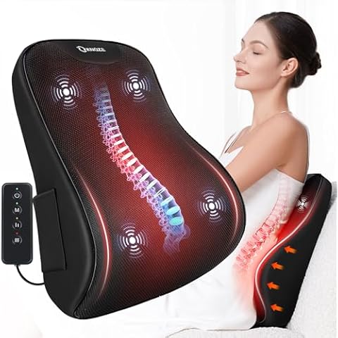 KNQZE Lumbar Support Pillow for Office Chair, Heated Back Support Pillow with Vibration, Back Massage for Pain Relief, 3 Heating Levels & 4 Motors & 3 Intensities, at Home Office Car Sofa - Black Cover