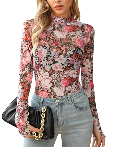 Ugerlov Womens Lace Long Sleeve Mesh Top Floral Mock Neck See Through Going Out Top with Thumb Hole Party Outfits Shirts,B Floral Pink L